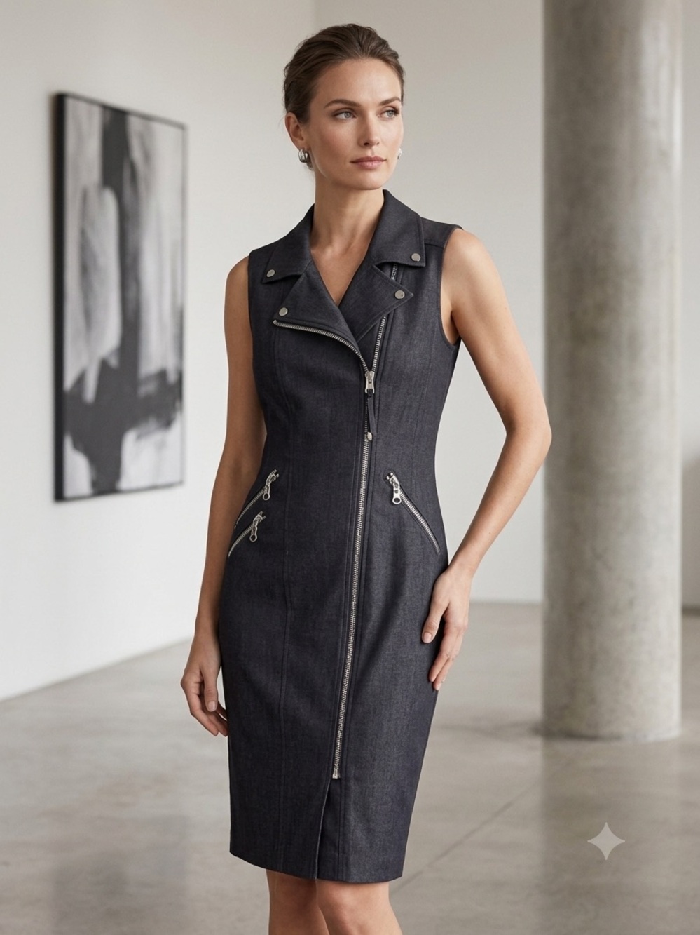Calvin Klein Stretch Charcoal Moto Sheath Dress knee length Size 4 NWOT - Picture 2 of 10